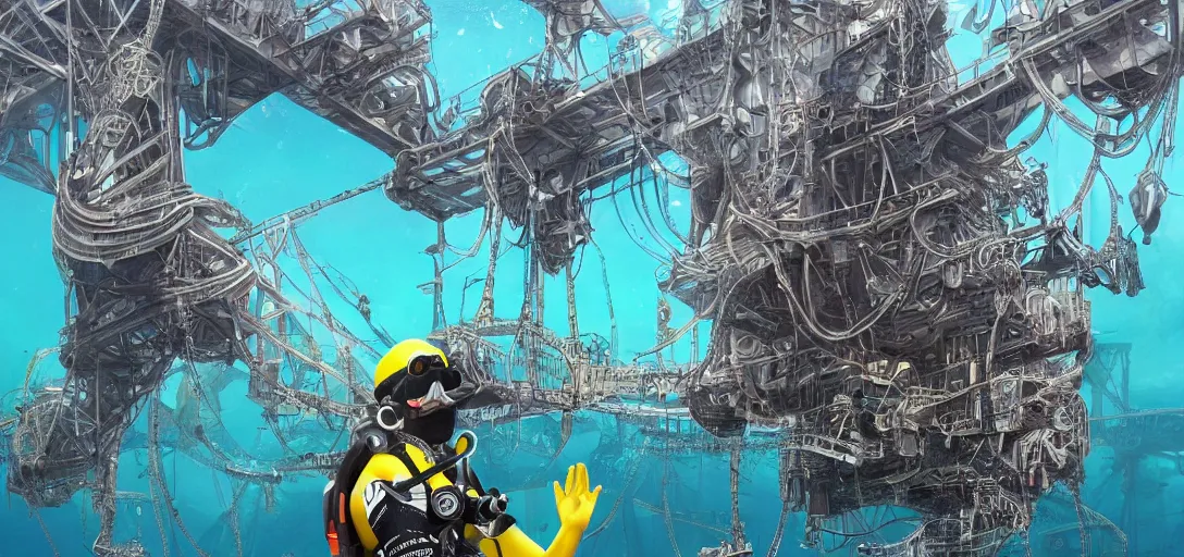 Image similar to Scuba Diver under an offshore oil rig in treacherous waters, highly detailed, ultra detailed, award-winning, trending on artstation, megalophobia