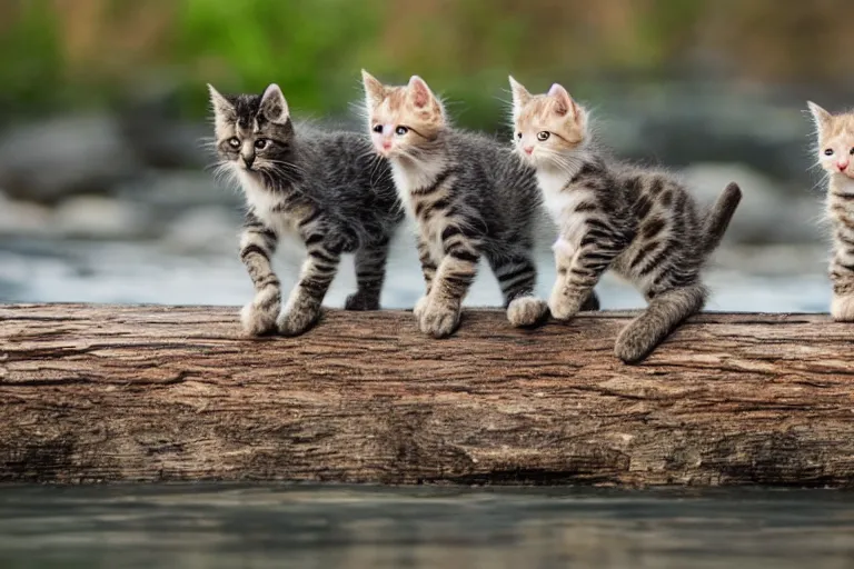 Prompt: kittens walking on a log that crosses a river
