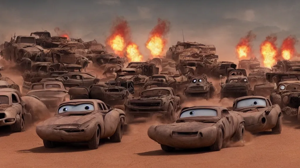 Image similar to pixar cars in mad max fury road, cartoon eyes, war boys, furiosa, explosions, imax