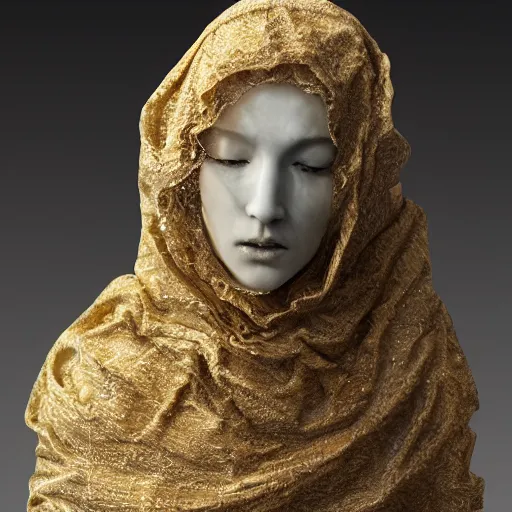 Prompt: a masterpiece marble sculpture of the veiled hooded virgin, subsurface cracks, !dramatic !face, !female, covered in intricate !detailed golden !!streaked veil , physically based rendering, ultra photo realistic, cinematic lighting , dark background by Dan Hillier