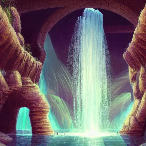 Image similar to a waterfall in the interior of a ancient arabian structure, epic retrowave art, trending on art station