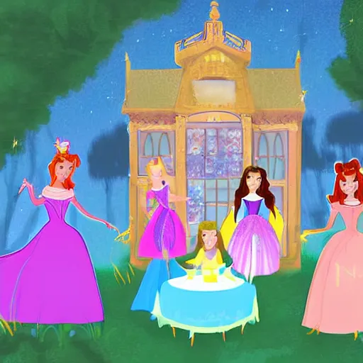 Image similar to digital art illustration of a princess tea party with aurora, belle, and cinderella