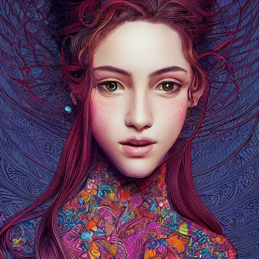 Image similar to the portrait of an unbelievably beautiful, elegant, sensual, and sophisticated young woman, an ultrafine detailed illustration by james jean, intricate linework, bright colors, final fantasy, behance contest winner, vanitas, angular, altermodern, unreal engine 5 highly rendered, global illumination, radiant light, detailed and intricate environment