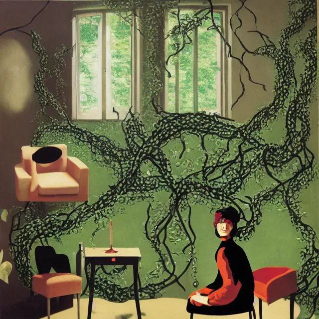 Image similar to a pathology student in her apartment, wrapped in vines, stepping stones, octopus, berries, black walls, ikebana, black armchair, sculpture, moss, acrylic on canvas, surrealist, by magritte and monet