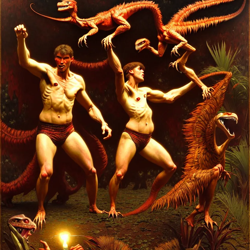 Image similar to velociraptors wrestling, hard lighting, full body, warm lighting, painting by gaston bussiere, craig mullins, j. c. leyendecker, lights, art by ernst haeckel, john william godward, hammershøi