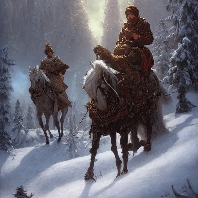 Image similar to russian folk fairytale, story, fable, dramatic, fantasy art, matte painting, an ultrafine detailed painting, academic art, ornate, inticate, elegant, sharp focus, artstation, by pavel korin, viktor vasnetsov, greg rutkowski