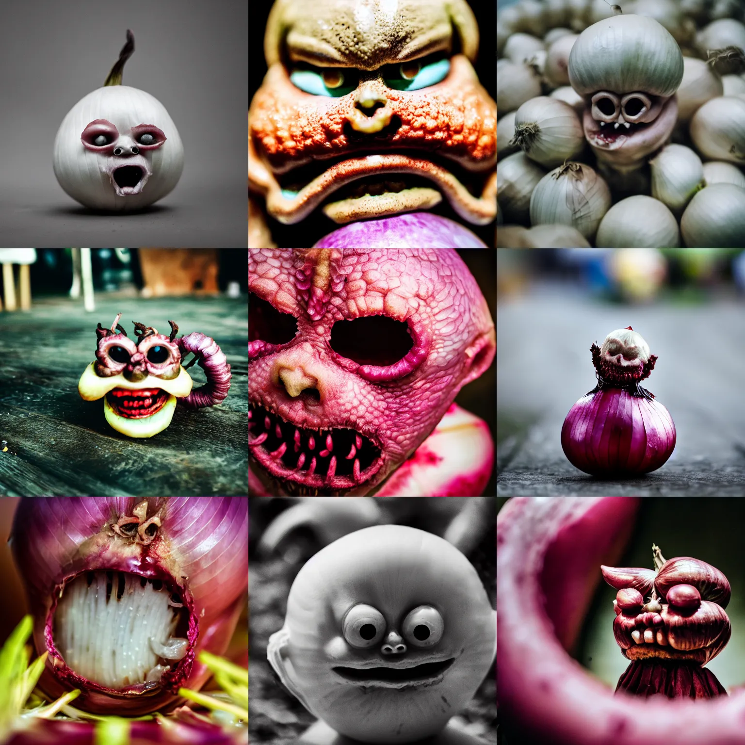 Prompt: macro photograph of onion demon, horror scene