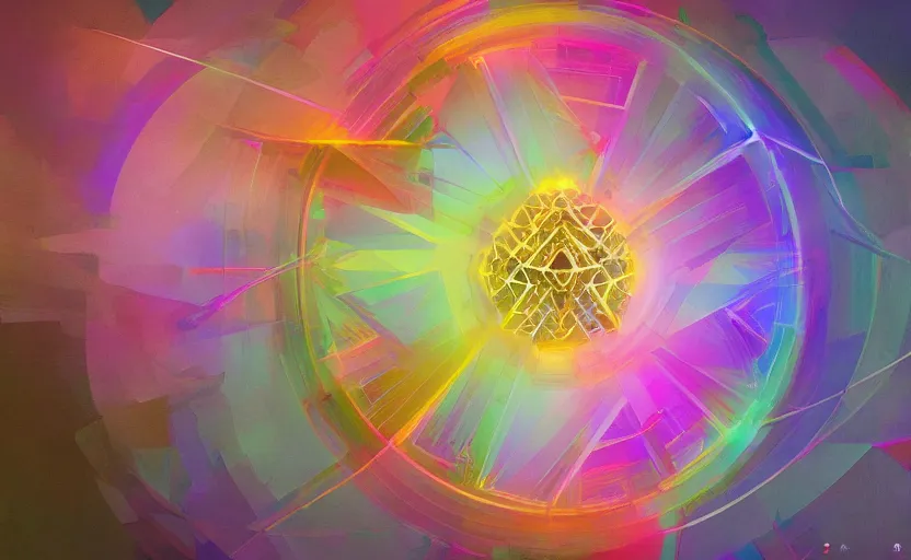 Image similar to a painting of a sacred geometry trending on artstation in the style of greg rutkowski, 3 d, fractal, 4 d, endless, rainbow, geometric tesseract, symmetry, wallpaper, sacred