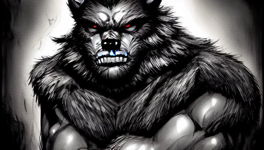 Image similar to in the style of artgerm, steve niles, rafael albuquerque, large hairy werewolf in a shopping mall at night, moody lighting, horror scary terror