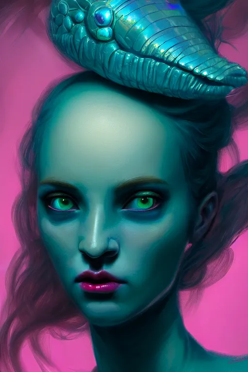 Prompt: hyperrealistic very detailed rococo portrait of woman with iridescent eyes and pink mouth matte painting concept art Noah Bradley very dramatic dark teal lighting wide angle hd 35mm shallow depth of field 8k