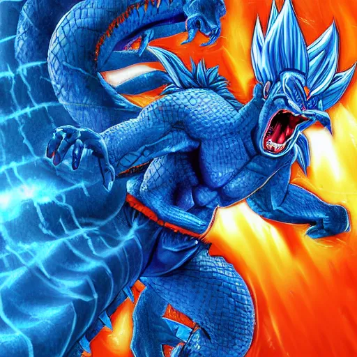 Image similar to Super Saiyan Blue, fantasy artwork, official, hyper detailed, half dragon, draco saiyan, Chinese dragon, reptile, shenron, god character dragonball, award winning artwork