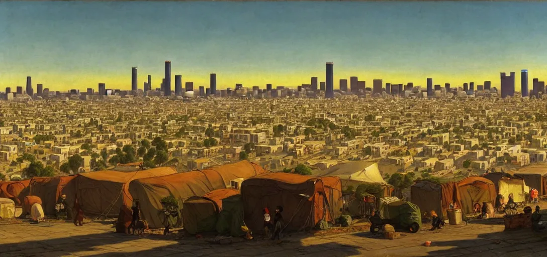 Prompt: ghibli illustrated background of strikingly beautiful skid row, los angeles, california, with strange city skyline is seen in the distance, tents, streets by vasily polenov, eugene von guerard, ivan shishkin, albert edelfelt, john singer sargent, albert bierstadt 4 k