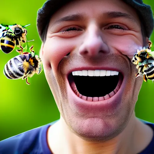 Prompt: photograph of bees crawling out of a smiling mans mouth, 8k resolution, high detail, ULTRA REALISTIC VFX, reflections