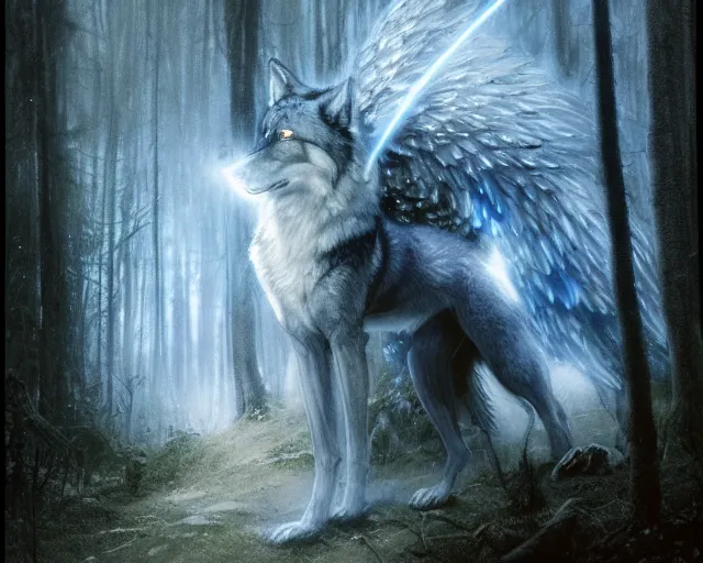 Image similar to 5 5 mm portrait photo of an armored holy wolf angelic with blue glowing eyes and looking at the camera, glowing with holy lights, holy energy, in a magical forest. magical atmosphere. art by greg rutkowski and luis royo. highly detailed 8 k. intricate. lifelike. soft light. nikon d 8 5 0.