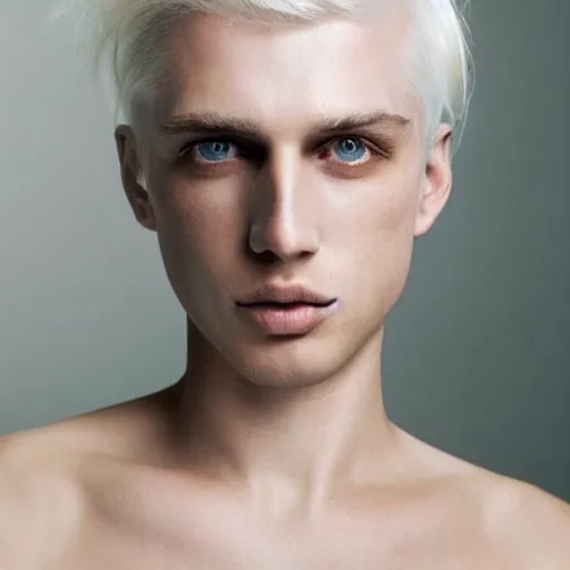 Image similar to portrait photo of a full platinum blond model, shaved eyebrow, no eyebrow, pale skin, freckle, realistic, high detail, high quality, trending on pinteresst