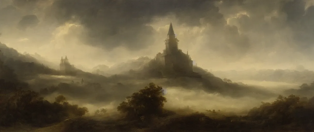 Prompt: an impossibly large tower rising from a sea of mist,evocative,romanticism landscape painting,chiaroscuro