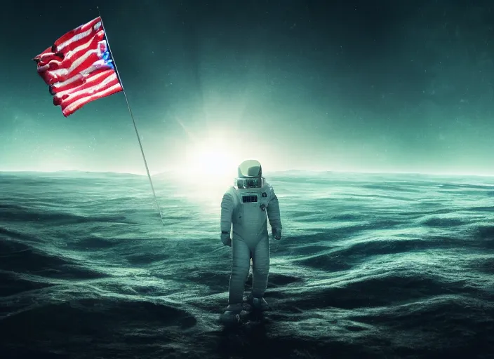 Image similar to astronaut holding a flag in an underwater desert. a submarine is visible in the distance. dark, concept art, cinematic, dramatic, atmospheric, 8 k, trending on artstation, blue, fish, low visibility, light rays, extremely coherent, bubbles, fog, ocean floor, christopher nolan, interstellar