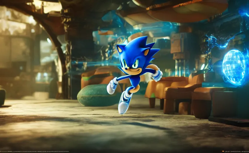 Image similar to a stunning cinematic render of sonic, movie scene, octane render, vivid colors, 32k, denoise, 3d shaders, ambient occlusion, renderman, , high sample render, deep colors, dramatic lighting