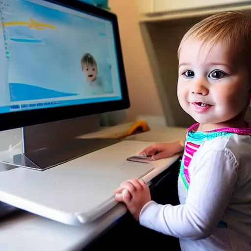 Prompt: toddler with light hair using desktop computer