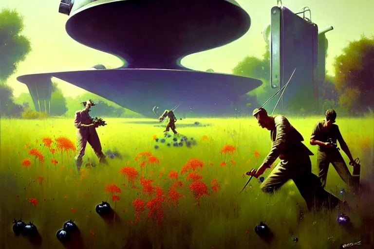 Prompt: surreal painting by craig mullins and greg rutkowski, garden flowers + blueberries + long grass + garden dwarfs fighting with giant mosquito, 7 0's vintage sci - fi flat design, cinematic