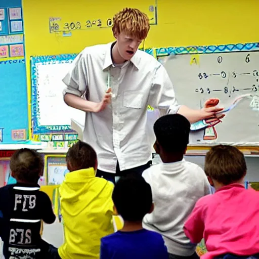 Prompt: 2000s photograph of Swedish rapper and singer Bladee teaching advance trigonometry to a group of 5 year old children in an elementary school-W 910