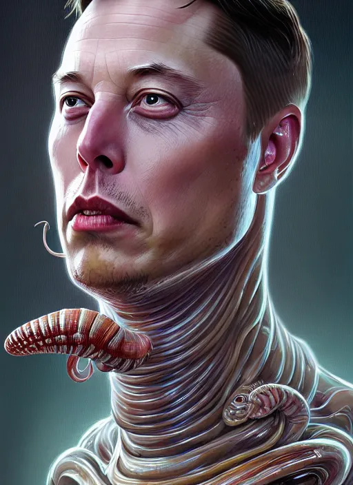 Prompt: elon musk as slimy mollusk character, drool, full length portrait, intricate, elegant, highly detailed, digital painting, artstation, concept art, wallpaper, smooth, sharp focus, illustration, art by h. r. giger and artgerm and greg rutkowski and alphonse mucha