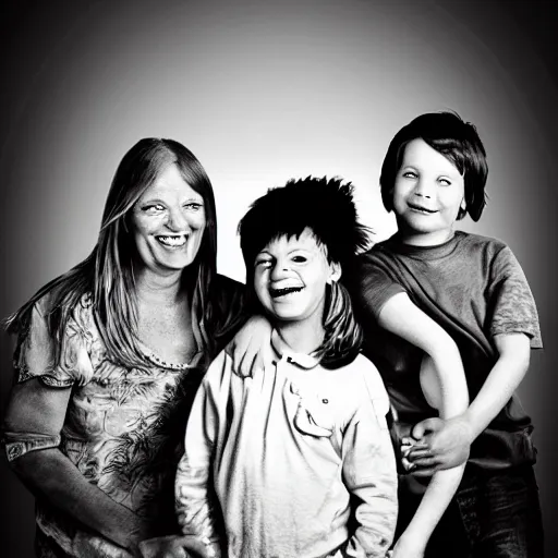 Image similar to family portrait studio of ugly family big rond eyes bad rotten teeth and smile, horrible scary family laughter by Chris Cunningham, mountain landscape background,, very detailed, grainy image