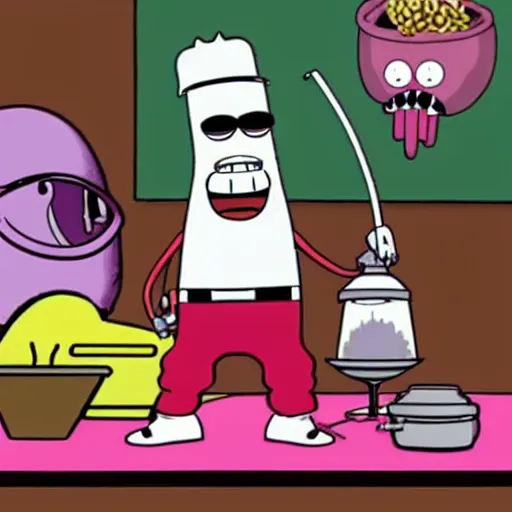 Prompt: master shake using a bong, realistic, meatwad in background