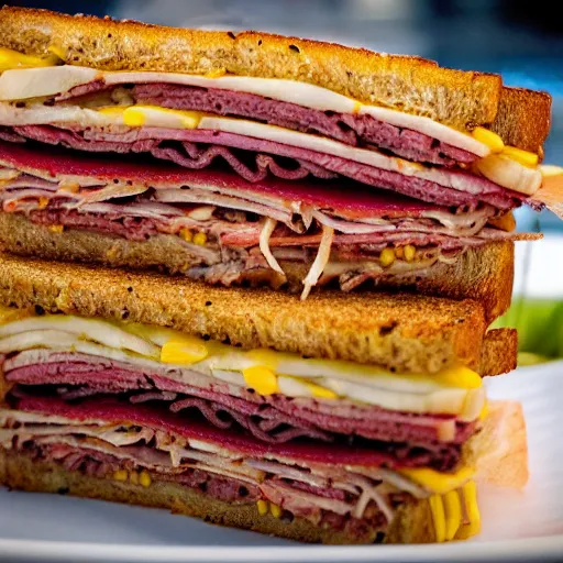 Prompt: a photograph of a rueben sandwich filled with so much corn beef that the sandwich is 5 times taller than other sandwiches, it looks mouth watering with melting cheeses and grilled onions, 1 0 0 0 island dressing and pumpernickle bread cooked to perfection, food photography