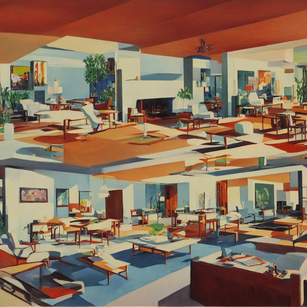 Image similar to an oil painting of the interior of a mid century modern house designed by both frank lloyd right and richard sera in palm springs