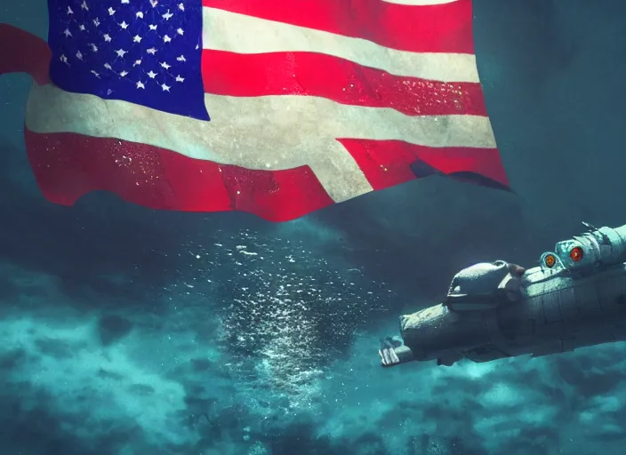 Image similar to astronaut underwater putting a flag on the bottom of the ocean. in the background, a submarine is visible. dark, concept art, cinematic, dramatic, blender, photorealistic, octane render, 8 k, volumetric lighting, trending on artstation, zack snyder