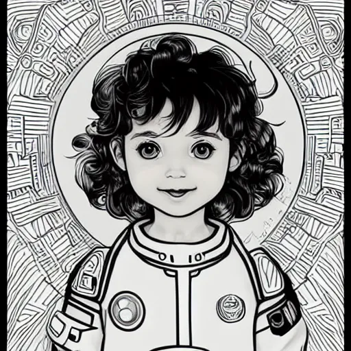 Image similar to clean simple line art of a cute little girl with a mischievous face and short brown wavy curly hair. she is dressed as an astronaut. no background. well composed, clean coloring book page, beautiful detailed face. coloring book line art by artgerm and greg rutkowski and johanna basford and alphonse mucha