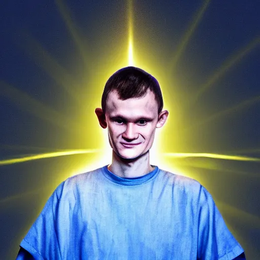 Prompt: vitalik buterin displayed as jesus, halo above his head and angel wings. neon glow around him. colors blue and yellow