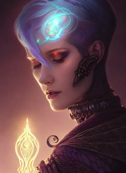 Image similar to a beautiful cinematic female Necromancer Sorceress, galatic shamen with Quantum energy fantasy, fantasy magic, short fade hair, undercut hairstyle, dark light night, intricate, elegant, sharp focus, illustration, highly detailed, digital painting, concept art, matte, art by WLOP and Artgerm and Greg Rutkowski and Alphonse Mucha, masterpiece