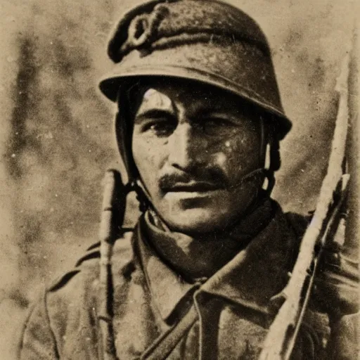 Image similar to Kurdish soldier, ww1 trench, war photo, film grain, award winning photo