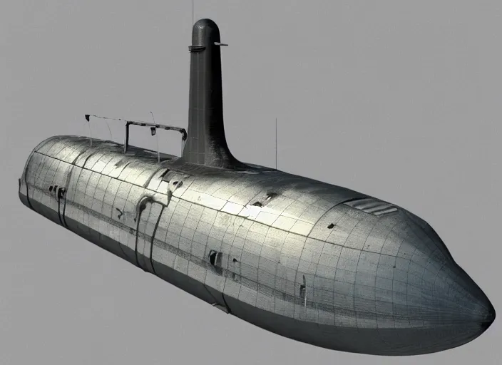 Prompt: 3 d render of a model highly detailed black submarine, vintage, with brass port hole windows