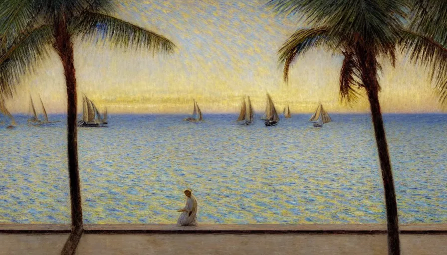 Prompt: a ultradetailed beautiful painting of the night sky of the great greek river golden white palace balustrade designed by jules bastien - lepage, tarsila do amaral, frank weston and gustave baumann, beach, trending on artstation, mediterranean, palm trees, sharp focus, sail boats, soft light, 8 k 4 k