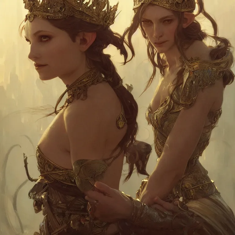 Prompt: portrait of an elf queen, D&D, fantasy, highly detailed, digital painting, artstation, concept art, smooth, sharp focus, illustration, art by greg rutkowski and alphonse mucha