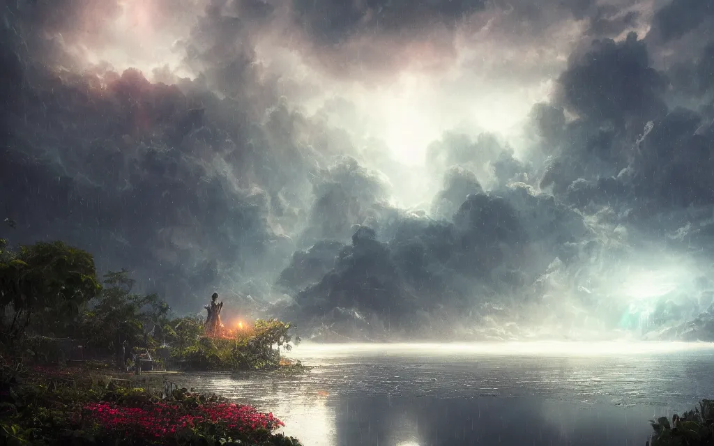 Prompt: ta ha, volumetric lighting, highly detailed, by greg rutkowski, complementing colors, god looking at me, heavy rainy, lofty heavens, water reflection, flowers, hyper realistic, concept art, 8 k detail post - processing