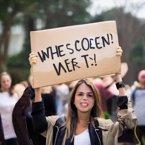 Image similar to woman holding a sign that says
