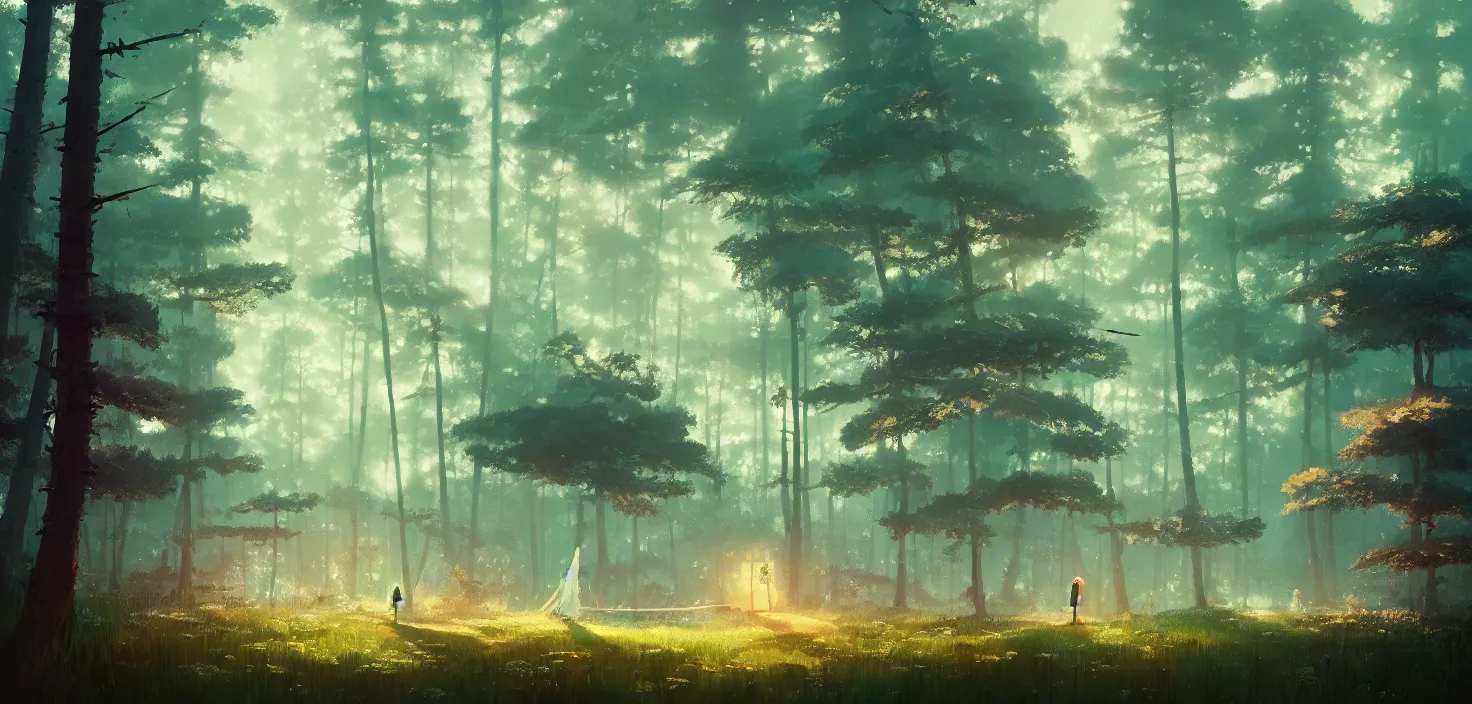 Image similar to landscape, by hayao miyazaki, by ismail inceoglu, by maria sibylla merian, illustration, bokeh, cinematic, filmic, glamor shot, cinematic lighting, ray tracing reflections, rtx, woodland, cinematic