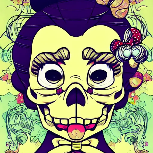 Image similar to anime manga skull portrait girl face minnie mouse marge Simpsons detailed highres 4k Mucha and James Jean pop art nouveau