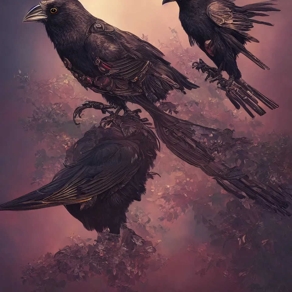 Image similar to beautiful black raven bird with ornate armor, cute, intricate, highly detailed, digital painting, trending on artstation, concept art, smooth, sharp focus, backlit, rim light, vivid colors, illustration, unreal engine 5, 8 k, art by rossdraws and alphonse mucha