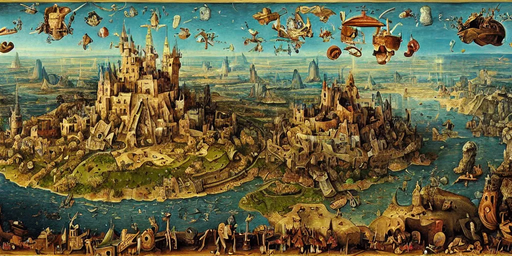 Image similar to laputa : castle in the sky in the style of heironymus bosch, intricate masterpiece, hyper detailed, hd