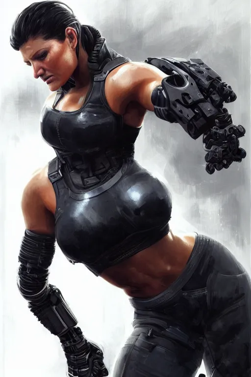 Image similar to gina carano with robotic left arm, casual black clothing, casual pose, large portrait, cyberpunk, digital painting, artstation, concept art, smooth, 8 k frostbite 3 engine, ultra detailed, art by artgerm and greg rutkowski and magali villeneuve