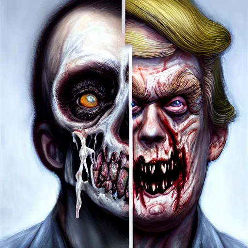 Prompt: side portrait of donald j. trump as a zombie looking down, 7 days to die zombie, fine art, soft light from the side, award winning, subtle earthy tones, intricate, elegant, sharp focus, cinematic lighting, digital painting, 8 k concept art, art by michael hussar, art by brom, art by z. w. gu, 8 k