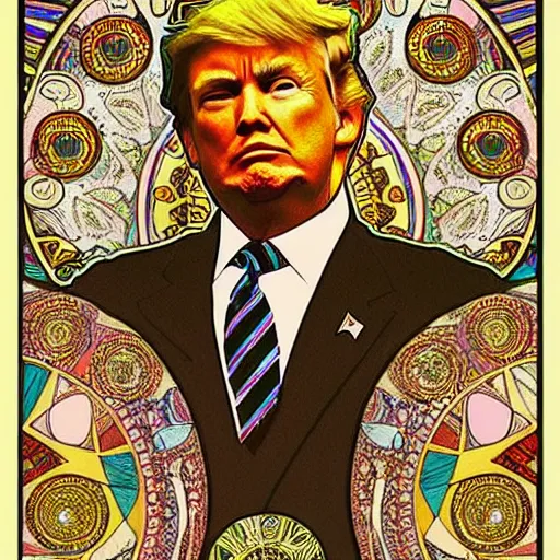 Prompt: detailed art of Donald Trump , by Alphonse Mucha and Gustav Klimt