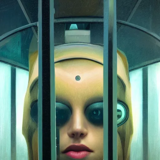 Image similar to detailed face of a woman, clockwork, moment, tectonic sky, skydome, bullet train, turbines, utopian, tech noir, wet reflections, prism, atmospheric, ambient, pj crook, syd mead, livia prima, greg rutkowski, emma uber, edward hopper