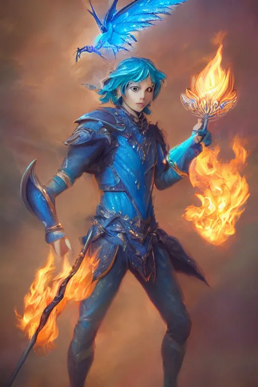 Image similar to legendary fairy prince hold flame staff, blue energy, highly detailed, d & d, fantasy, highly detailed, digital painting, trending on artstation, concept art, sharp focus, illustration, global illumination, ray tracing, realistic shaded, art by artgerm and greg rutkowski and fuji choko and viktoria gavrilenko and hoang lap