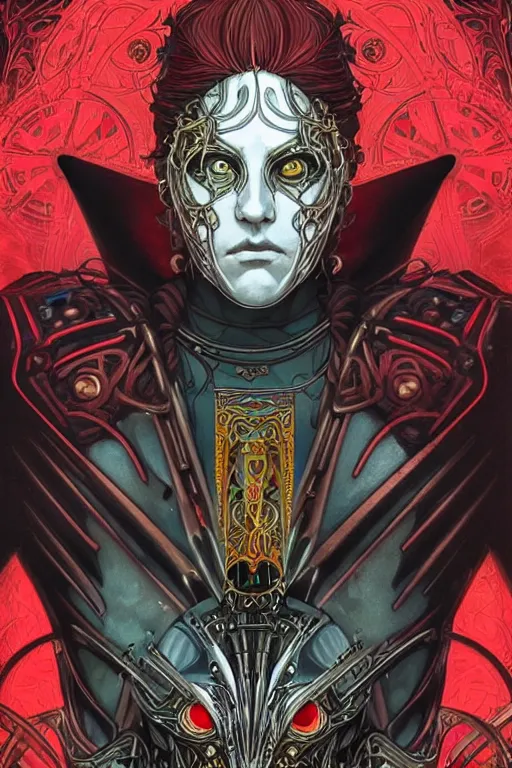 Image similar to a stunning and hypnotic full-color art nouveau and cyberpunk styled bust portrait of elric as a godlike and stoic chaos king, with violent conquering red eyes, extremely detailed aquiline facial structure, art nouveau cybernetic armor and an intricately detailed black sword of magical power, perfectly symmetrical albino facial structure and linework, handsome alien facial characteristics, by travis charesyt, michael kaluta, michael whelan and bill sienkiewicz, dark sci-fantasy, deep complexity, male face and bust, sci-fi character concept, photorealism, art nouveau framing, stunning lighting, hyperrealism, 8k